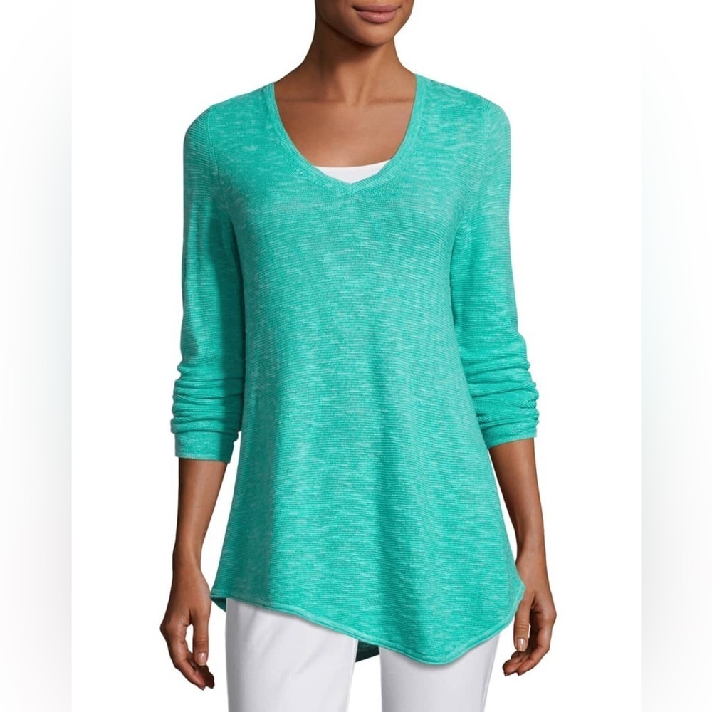 Eileen Fisher Ribbed Teal Long Sleeve Top Linen Cotton Stretch Sweater Tunic‎
